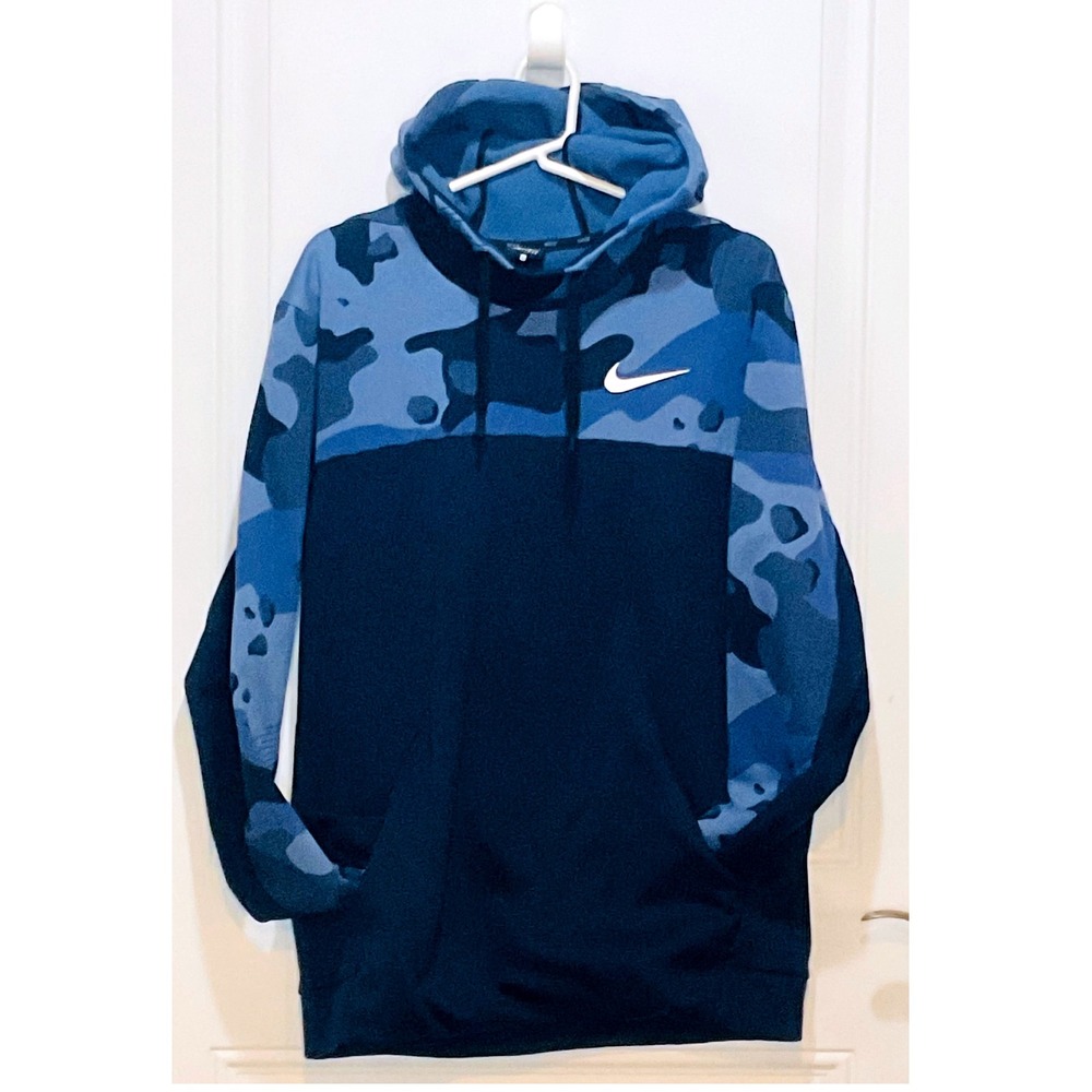 Nike hoodie Navy Blue Camo Therma Dri-Fit Fleece lined Training swoosh‎ Men's L